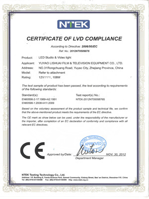 Yuyao Lishuai Film & Television Equipment Co., Ltd. Certifications