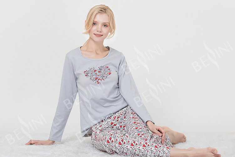 Quality Lightweight Grey Womens Pyjama Sets Round Neck Long Sleeve Top / Printed Long Pants for sale