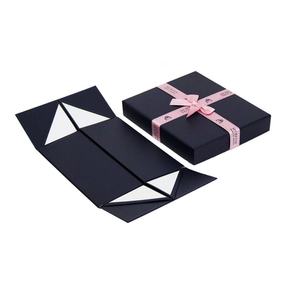 Navy Blue Collapsible Rigid Paper Gift Box 24*20*10cm With Ribbon Decor