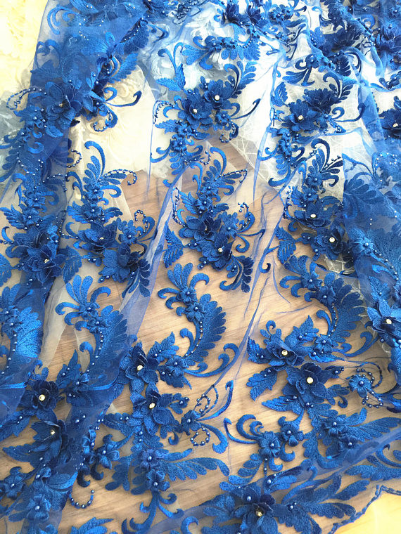 Quality 3D Rhinestone Beaded Tulle Fabric , Embroidered Royal Blue Lace Fabric For Bridal Gown for sale