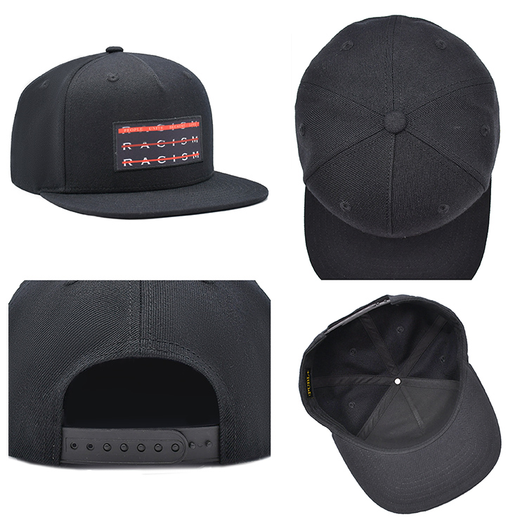 Sublimation patch embroidery flat brim snapback cap hat black color wear outdoor fasion for unisex