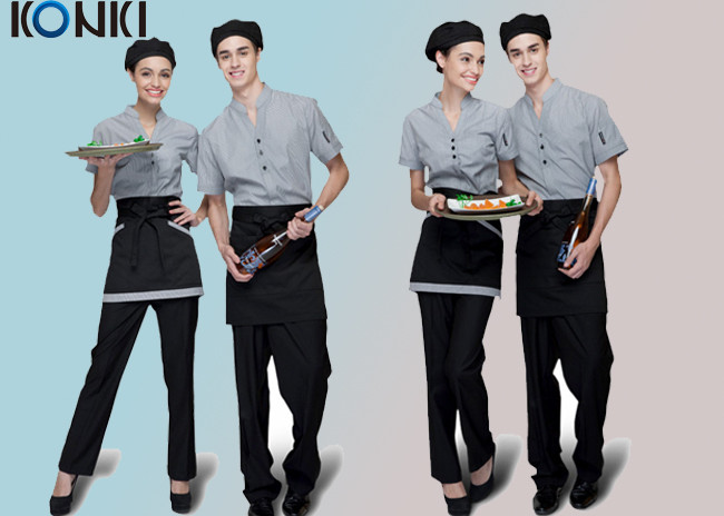 Quality Trendy Restaurant Uniforms For Restaurant Staff / V Neck Shirt And Pants for sale