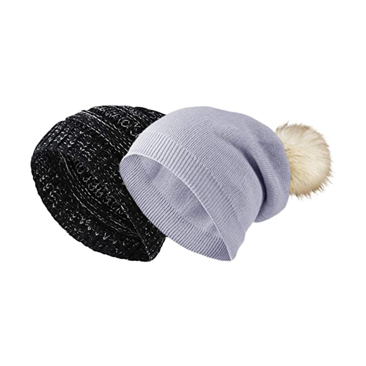 Quality Winter Women 58cm Knit Beanie Hats Fur Ball Cap Pom Poms for sale