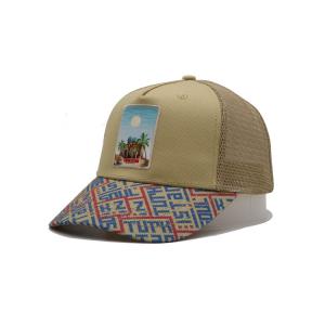Quality Printed Patch 5 Panel Baseball Cap Light Yellow Polyester And Mesh for sale