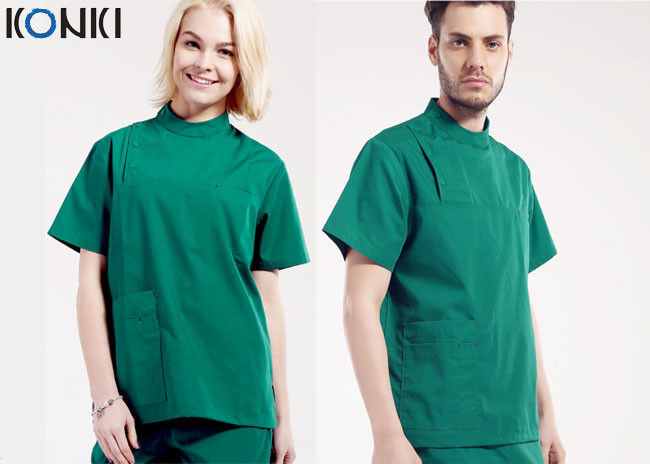 Quality Mens Medical Scrubs Uniforms , Short Sleeve Cotton Surgical Gown Green for sale