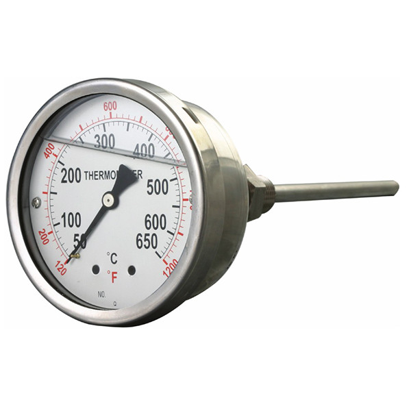 Quality SS Long Stem Liquid Filled 4 Inch Industrial Bimetal Thermometer 1/2 NPT for sale