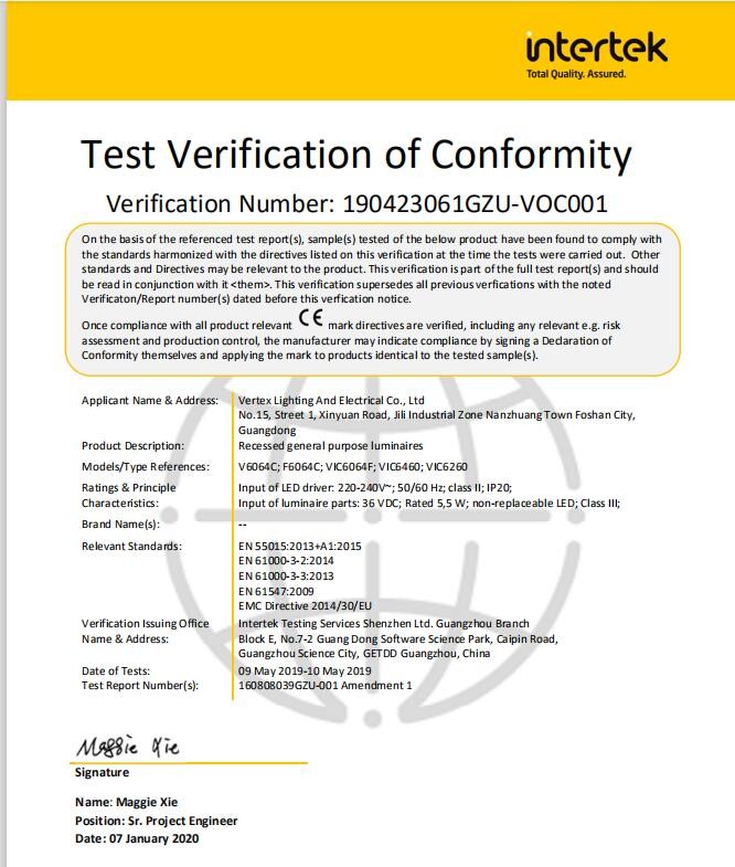 Vertex Lighting and Electrical Co., Ltd. Certifications