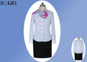 Quality Modern Corporate Office Uniforms Ladies / Blue And White Stripe Shirt for sale