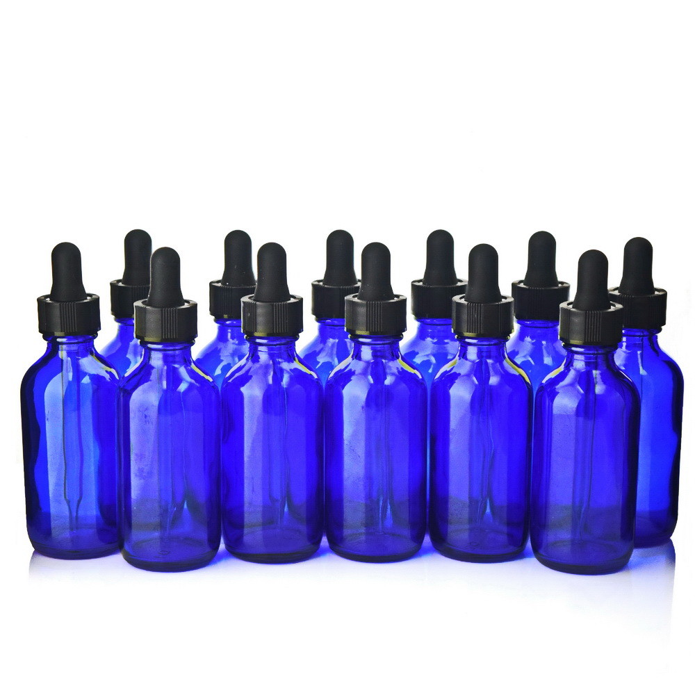 Quality Blue Glass Dropper Bottles With Round Bottom And Black Child Resistant Cap for sale