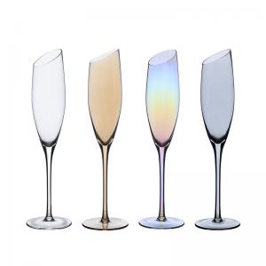 Quality Hand Blown Lead Free Slanted Crystal Glass Champagne Flute with Bevel Mouth for sale