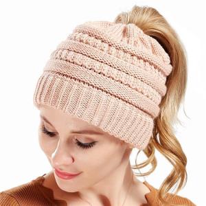 Quality Round Brim Ponytail Beanie Hat For Women Winter Warm Soft Stretch Cable Knit Messy High Bun Hat for sale