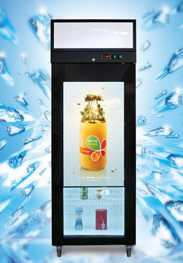 Quality Ice Cream Transparent Glass Door Refrigerator With Multimedia LCD Screen for sale