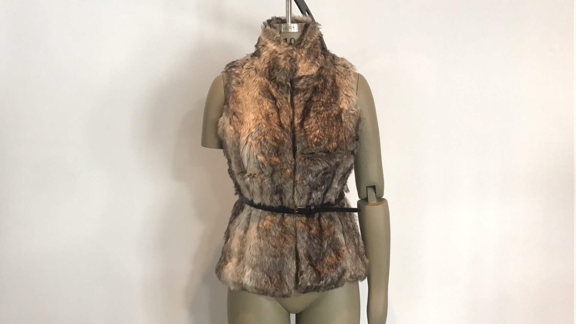 Brown Multi Color Ladies' Animal Fake Fur Gilet With Pu Belt And Funnel Neck  TW74297