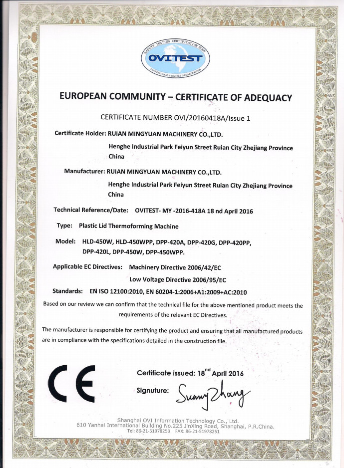 Ruian Mingyuan Machinery Co.,Ltd Certifications