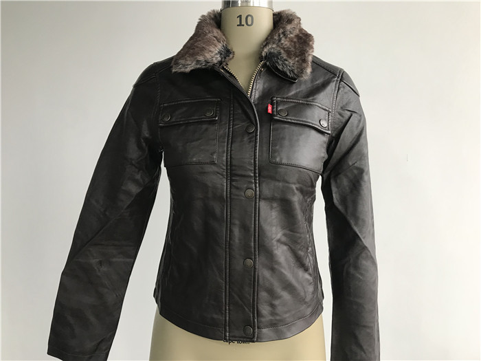 Quality Levis dark brown ladies' pleather zip through jacket with detachable fake fur collar LEDO1743 for sale