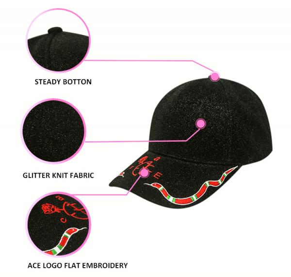 Lightweight Unisex Embroidered Baseball Caps With 100% Acrylic Glitter Powder