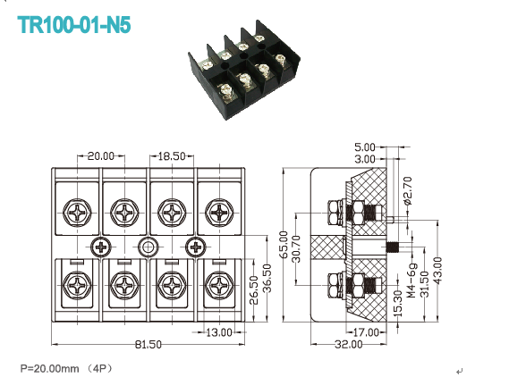 20.00mm High Current Terminal Block Connector 600V 100A 4 Way PC Black Terminal