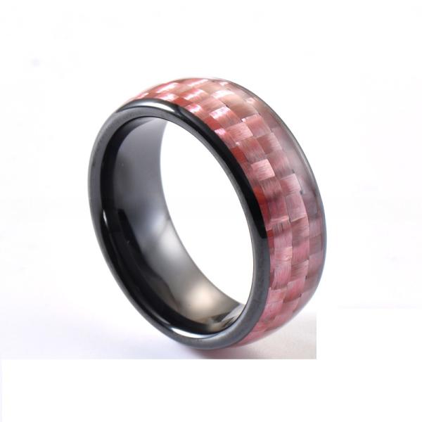 8mm Black Ceramic Wedding Band With Pink Carbon Fiber Inlay And Invisible Setting