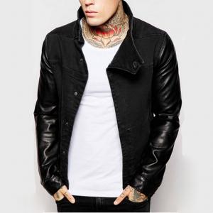 China Stand Collar Leather Sleeve Mens Flight Jacket Cotton Denim Biker Jacket Breathable on sale