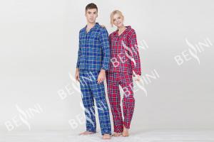 Lovers Pyjamas Cotton Yarn Dyed Check Flannel Long Sleeve Long Pants Satin Piping Pocket Satin Fabric Covered Buttons