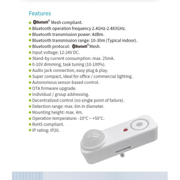 Audio-jack connection PIR motion sensor HNB134PIR, Silvair BLE mesh enabled, with Daylight Harvest Function, easy plug & play