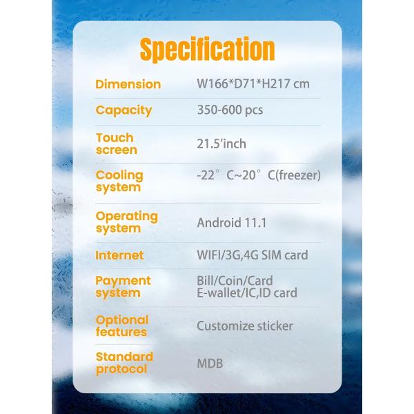 Convenient Frozen Food Vending Machine with 350-600 Capacity and Lift Feature W166*D71*H217 Cm Measurements