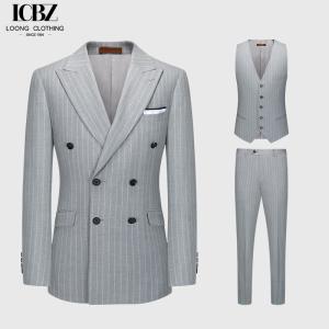 Quality Business Needs Business Suits Gray Striped Double-breasted Gun Lapel Slim Fit 3 Pieces for sale