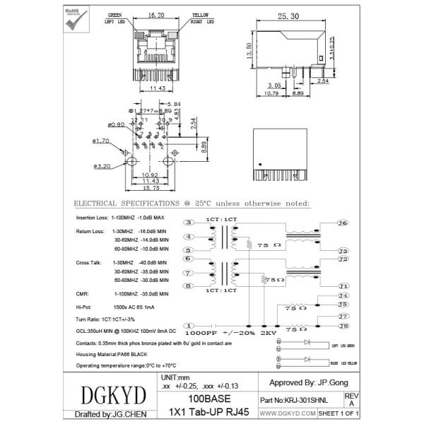Megabit Ethernet Modular Jack RJ45 With Integrated Transformer, Length 25.4mm