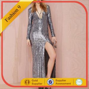 Quality New Designed Long Sleeve Sequined Maxi Dress with High Split for sale