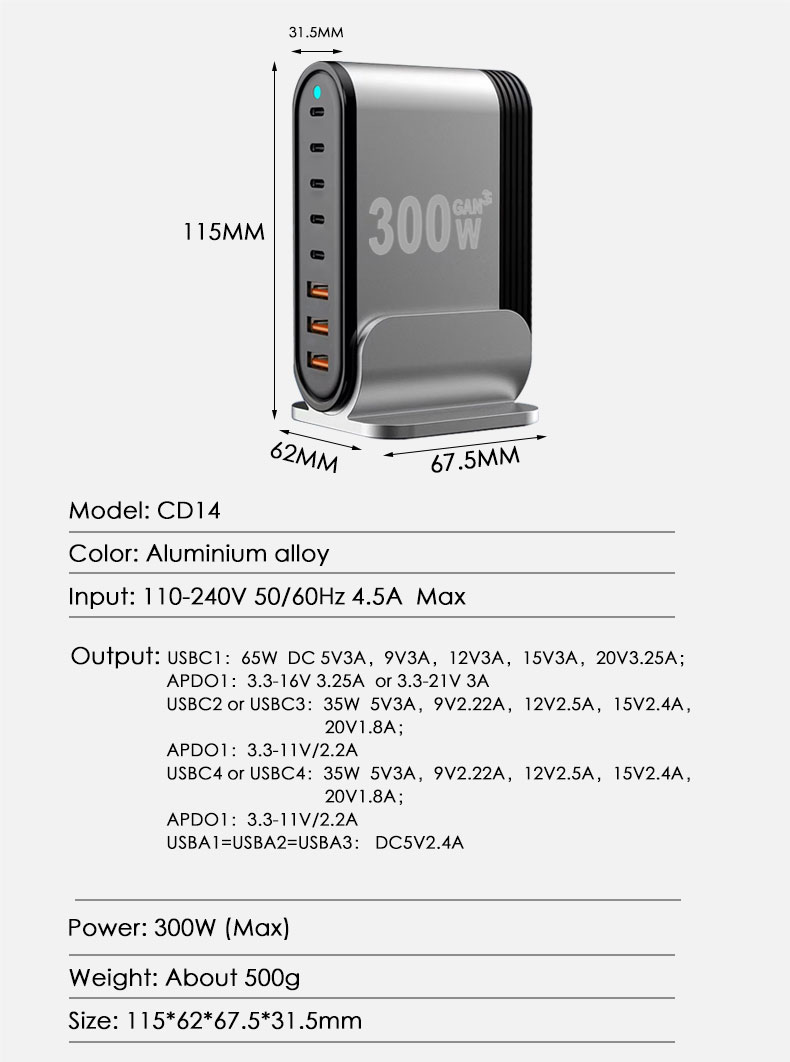 USB C Charger 300W USB C Charger Block Upgraded GaN III 8-Port Fast Charging Station Hub PD 40W 65W Laptop Charger Adapter