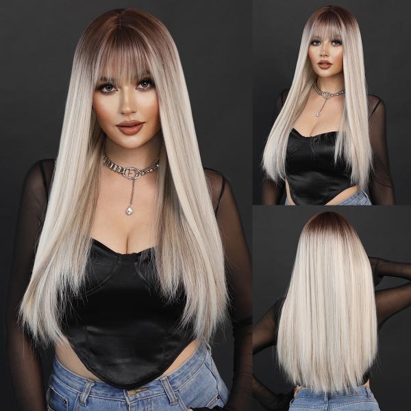 Fashion Long Straight Dark Root Hair Blonde Synthetic Wigs For Women