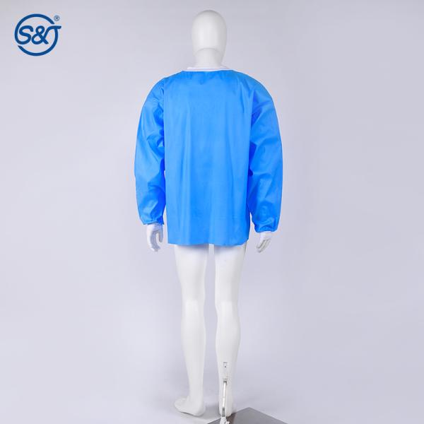 S&J Disposable Spunlace Lab Jacket Spunlace Nonwoven Premium Quality Knitted Collar and Cuff Front Button Closure Three Pocktets