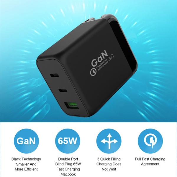 3 Port GaN USB Charger 65W USB C Wall Charger Adapter For MacBook