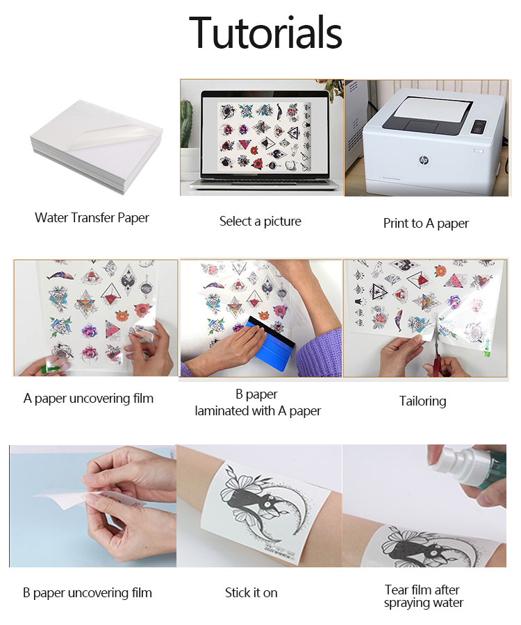 Metal etc A4 Blank Printable Water Transfer tattoo decal paper for Man Gram 175/185gsm