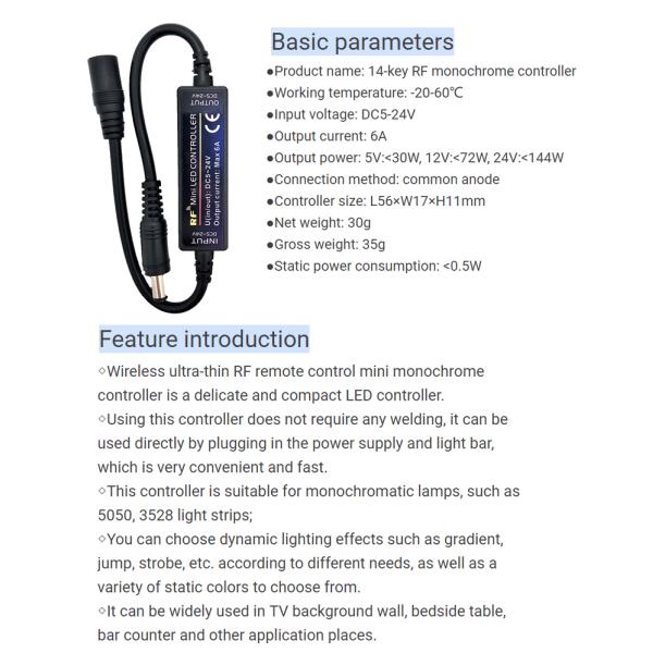6A Wireless LED Mini Controller RF Remote Control For 5630 Single Color Strip Light