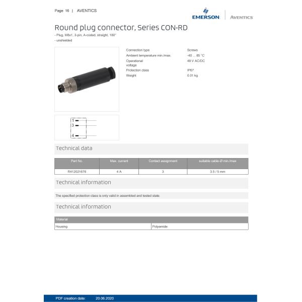 AVENTICS CON-RD Series Round Plug Connectors IP67 Protection Class Unshielded