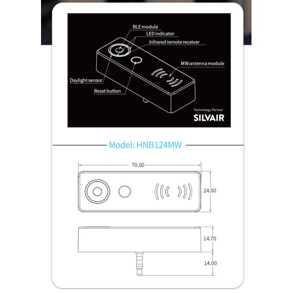 Audio-jack connection microwave motion sensor HNB124MW, Silvair BLE mesh enabled, with Daylight Harvest Function