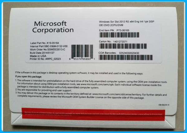 Microsoft windows server 2012 r2 standard 64 DSP OEI DVD & COA - 2CPU / 2V