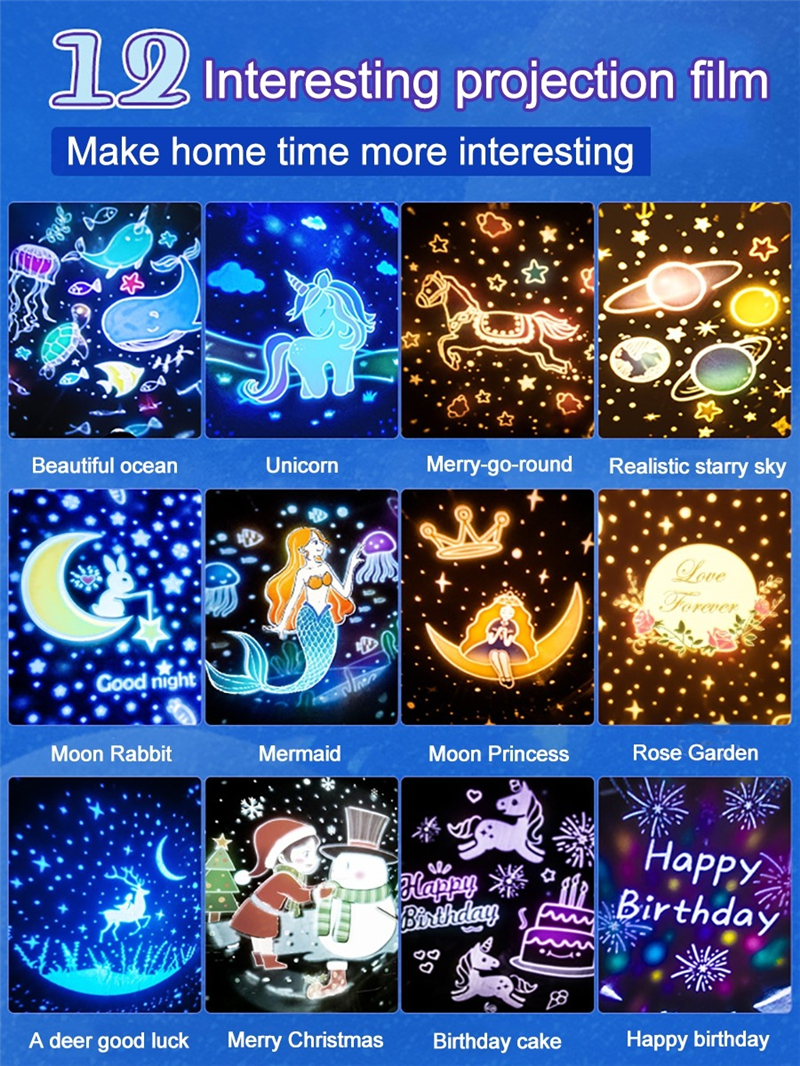 2022 Christmas Gift Dream Rolling Huts Projector Lamp With Wireless Speaker 360 Degree Rotation 12 Projection Films Cust