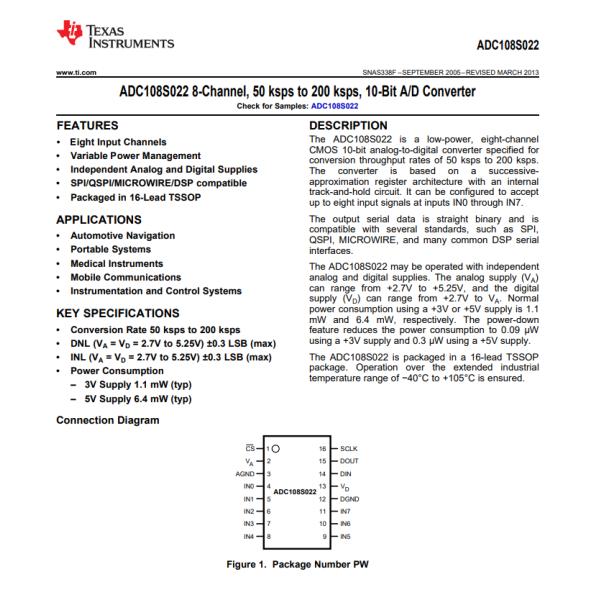 ADC108S022CIMTX/NOPB 10 Bit Analog to Digital Converter 8 Input 1 SAR 16-TSSOP