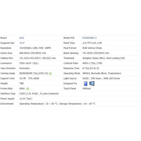 32Inch 1920×1080 high brightness lcd monitor FHD 2500cd/m2 Lcd panel type tft P320HVN07.2