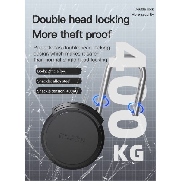 Black Keyless USB Rechargeable Door Lock NFC Smart Padlock Quick Unlock Zinc alloy Metal Self Developing Chip