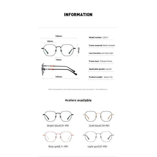 Polygon Acetate Metal Glasses With Anti Glare For Computer Men