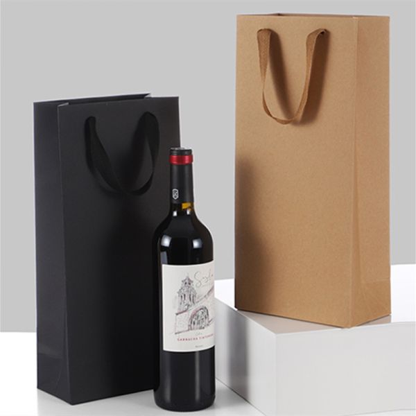Drawstring Handle Recyclable Paper Kraft Wine Bottle Box Bags Coated Paper