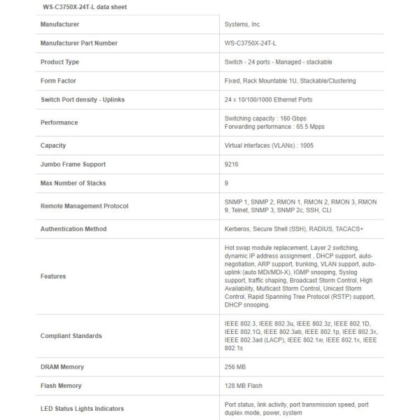 Cisco WS-C3750X-24T-L 24port 10/100M Switch managed network Switch C3750 series
