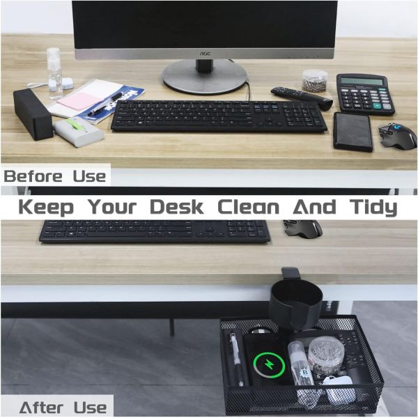 360 Degree Rotating Under Desk Organizer with Cup Holder and Clip-On Rotating Drawer