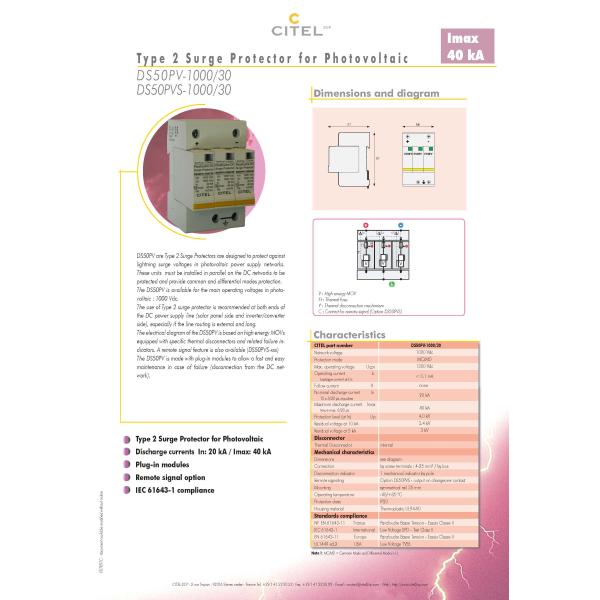DS50PV-30-30 DC Lightning Protection , IP20 Level DC Lightning Arrester