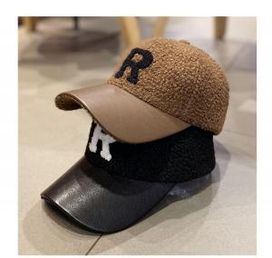 China Casual All-match R Letter PU Leather Hat Baseball Cap Autumn And Winter Lamb Wool Warm Cap For Women on sale