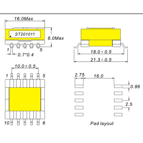 ST201011 = CTX210655-R 43uH Surface Mount Transformer CCFL 2.5W 20V 5MA SMD