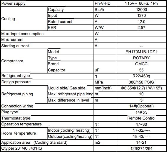 Air Conditioner EH170M1B-1DZ1 115V Ac Rotary Compressor